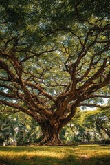 Fototapeta premium Majestic Banyan Tree: Sprawling Branches and Lush Green Canopy in Tropical Park