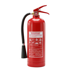 A red fire extinguisher with safety instructions displayed on the side, isolated against a black background.