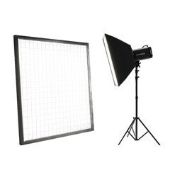 A  photography setup with a gridded diffusion panel and a lighting instrument is presented.