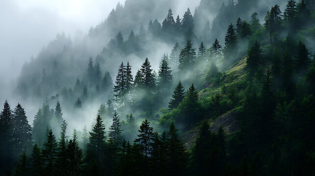 Misty evergreen forest shrouded in atmospheric fog evergreen trees mountains