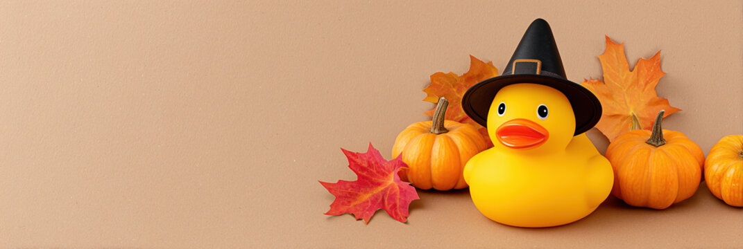 Witch hat-wearing yellow rubber duck with pumpkins happy halloween theme banner with copy space on the left