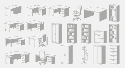 Office Furniture Set: Desks Chairs Cabinets and Storage Solutions for Workspace Design.