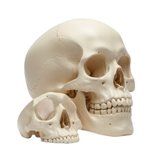 Naklejka premium Two human skulls, one large and one small, are presented against a black background, highlighting the comparative sizes and anatomical details.