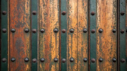 Fototapeta premium Old wooden door with green paint and rusty metal studs and nails
