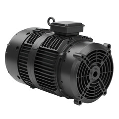 A dark gray industrial motor with cooling fins is displayed against a black background.