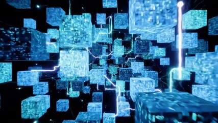 Digital Cube Network Abstract Background with Blue Glowing Connections and Data Streams
