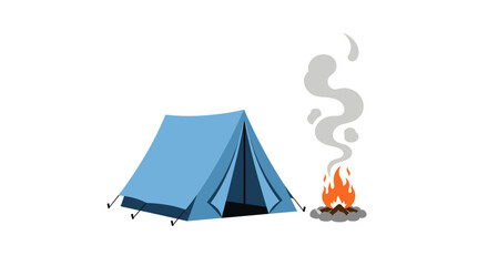 Blue Camping Tent with Campfire Illustration.