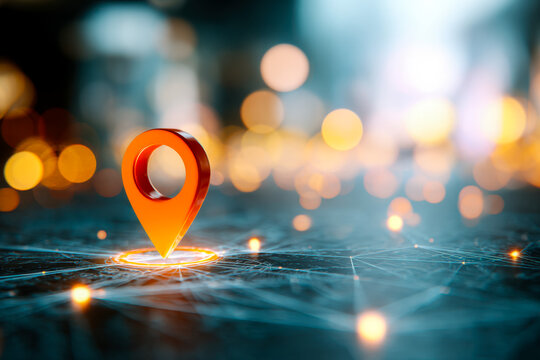 Digital map marker symbol representing location on a futuristic interface with glowing lights and data network connections - Powered by Adobe