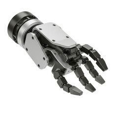 Naklejka premium Detailed close-up view of a sophisticated robotic hand, showcasing complex mechanical components and intricate linkages.