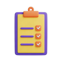 Fototapeta premium 3d rendered checklist icon with orange clip and purple border isolated on transparent background
