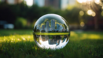 Captivating crystal ball showcases vibrant city skyline reflected in its glossy surface, set against a soft-focus green park background with warm sunlight.