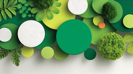 A colorful abstract composition featuring green and white circles, leaves, and a tree, set against a white background with a subtle gradient.