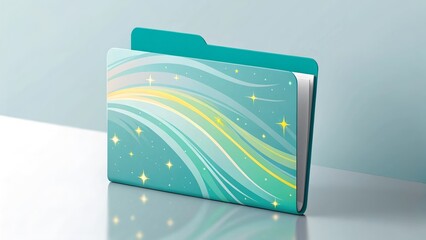 Teal File Folder with Abstract Wave Design and Star Accents on White Surface