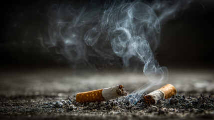 Cigarettes smoldering on the ground with rising smoke in a dark setting