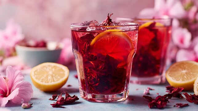 Hibiscus tea recipe refreshing summer drink with lemon and ice homemade healthy beverage floral background