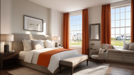 A luxurious bedroom with large windows and orange accents.