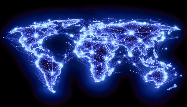 Digital interconnected world map illuminated with glowing network connections - Powered by Adobe