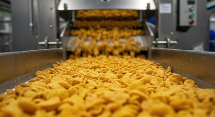 Freshly made savory snacks flowing on production line, creating a dynamic visual of food manufacturing and industrial processes
