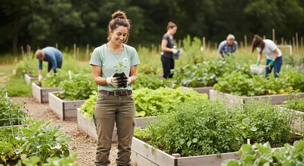 Smiling Woman Holding Seedling in Community Garden with Volunteers, Bright Daylight.
