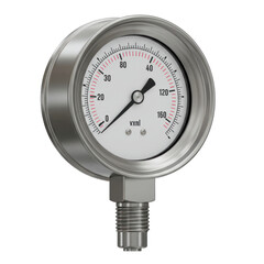 A stainless steel pressure gauge with a clear white dial and a precise scale displays a zero reading.