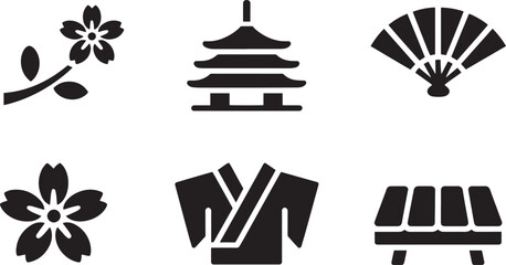 Japanese Culture Icons Set Pagoda Cherry Blossom Fan Kimono Bench Silhouette Vector Design