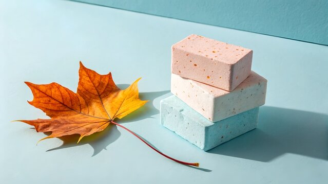 Autumn Still Life with Maple Leaf and Pastel Colored Concrete Blocks - Powered by Adobe