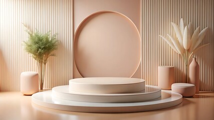 Modern stage with circular backdrop and decorative elements, minimalist interior for product display