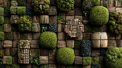A vibrant, textured wall composed of wooden planks and mossy green plants, with a mix of natural and organic materials, set against a rustic backdrop.
