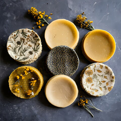 Fototapeta premium Overhead Shot of Stacked Beeswax Wraps in Neutral Tones with Dried Flowers 