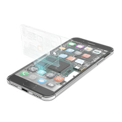A modern smartphone, its user interface and internal components are shown in a layered design.