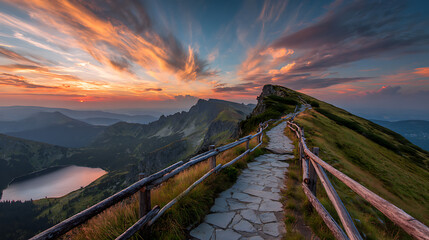 Mountain trail sunset golden hour sky over serene lake and peaks mountain path vibrant sky