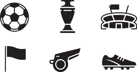 Soccer Football Icons Set Ball Trophy Stadium Flag Whistle Shoe Silhouette Vector