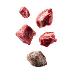 Obraz premium Fresh cuts of beef floating above a rustic surface in a minimalist kitchen setting showcasing the beauty of meat preparation