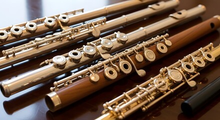 Naklejka premium Flute Collection, Studio Setting, Photography, Artistic Environment, Close-Up View, Instrumental Harmony