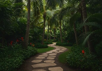 Obraz premium Winding stone path in tropical garden - serene landscape with lush greenery.