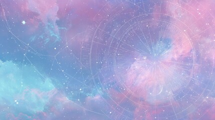 Pastel cloudscape showing astrological chart and constellations