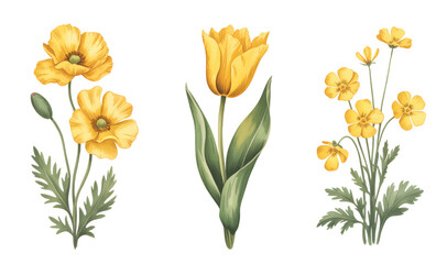 Vintage watercolor yellow poppy and tulip botanical set vector illustration isolated on white background.