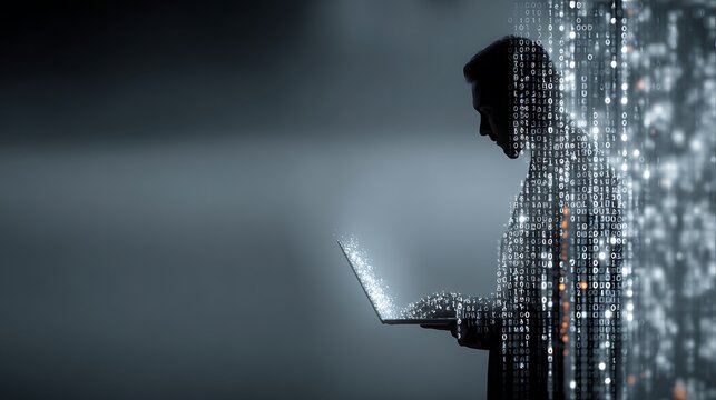 Mysterious hacker in hooded silhouette works on laptop amidst flowing digital binary code stream