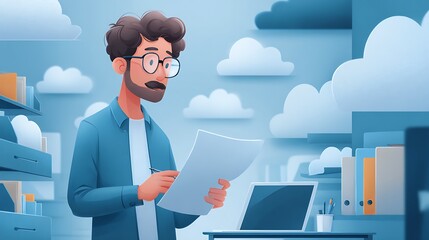 Animated businessman with glasses reviews documents in a cloud filled office environment