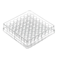 Transparent, square, plastic, well plate holder with numerous round wells.