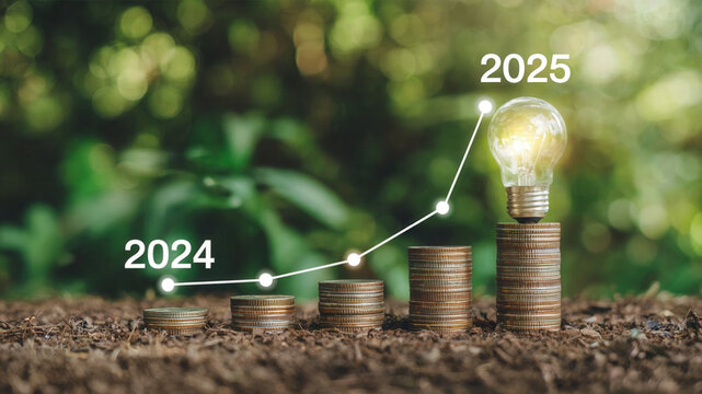 Unlock financial growth and innovation from 2024 to 2025 with rising coins, a bright idea lightbulb, and a dynamic upward trend line