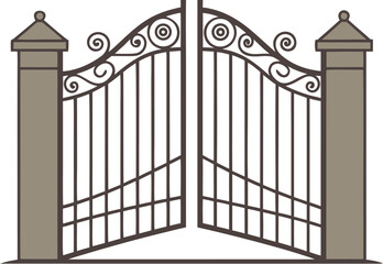 Ornate Wrought Iron Double Gate with Stone Pillars and Swirls entrance fence