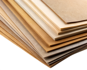 Stack of paper sheets in various shades of brown and beige, isolated on transparent background