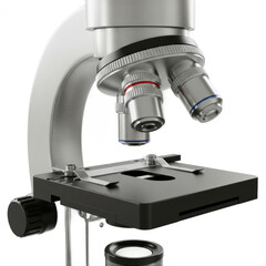 Close-up view of a modern light microscope, showcasing its metallic gray components and intricate lens system.