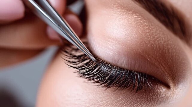 Beauty lash artist applying eyelash extensions with tweezers, close-up of hands