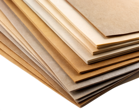 Stack of paper sheets in various shades of brown and beige, isolated on transparent background