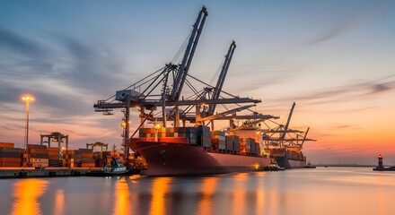 Obraz premium Container Ships Unloading in Industrial Harbor Setting