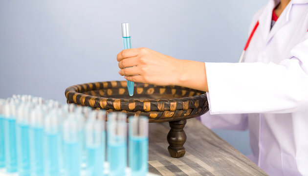 Scientist's hand holding test tube with light blue liquid,  beside a rustic wooden tray of similar tubes;  medical research concept.
