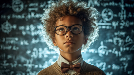 Young boy with curly hair and glasses deep in thought in front of a chalkboard filled with physics equations
