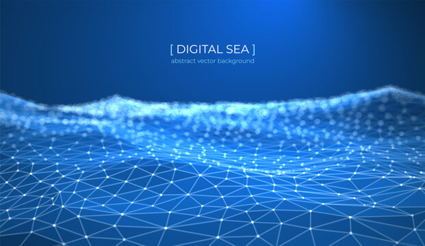 Abstract background with glowing wave, sea, and water. Dots, lines, and triangular polygons. Futuristic digital pattern, data network, technology mesh. Blue vector concept of science, cyber space flow